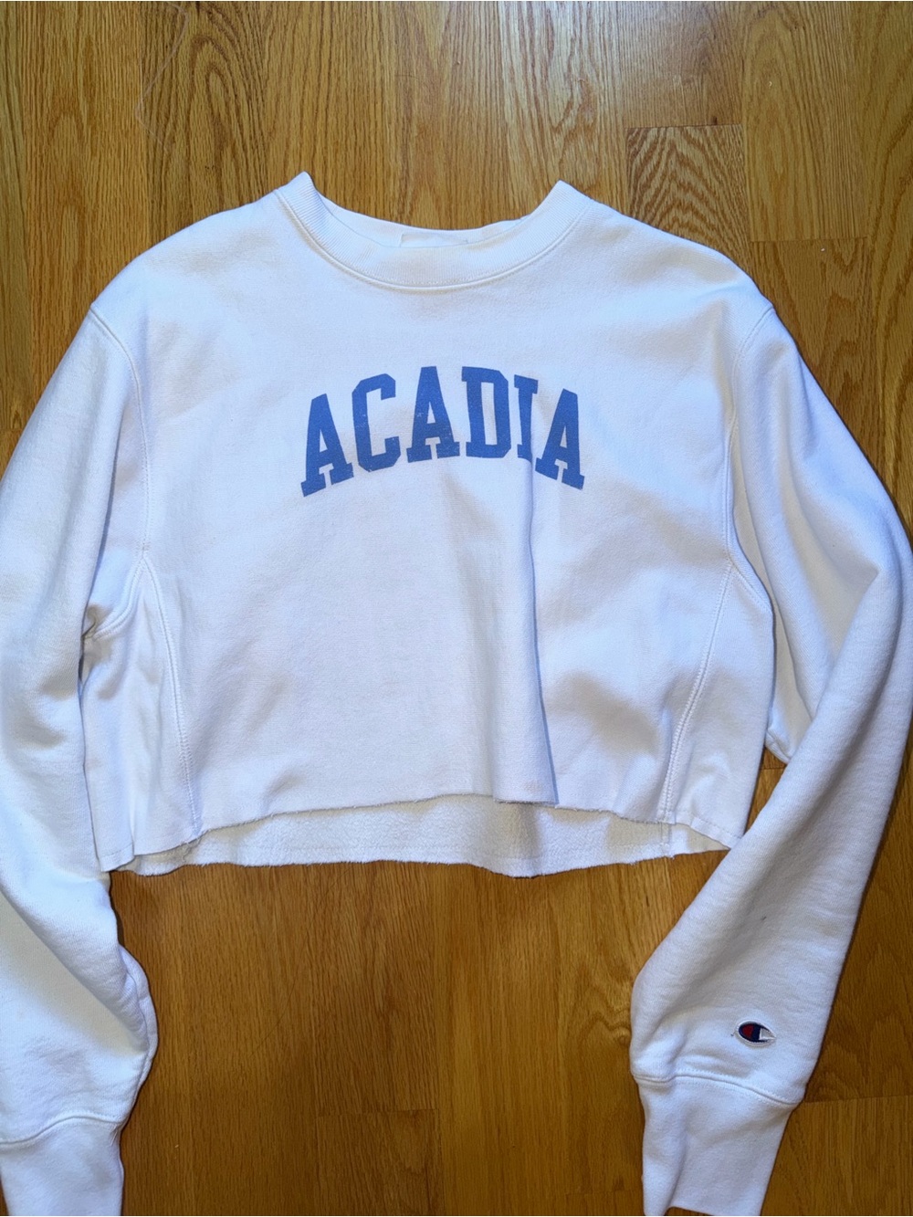 Champion White Cropped Crewneck Sweatshirt with Blue ACADIA Lettering